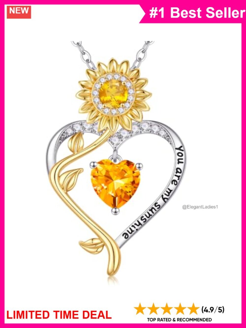 Sunflower Birthstone Pendant Necklace 14K White Gold Plated CZ Gift
